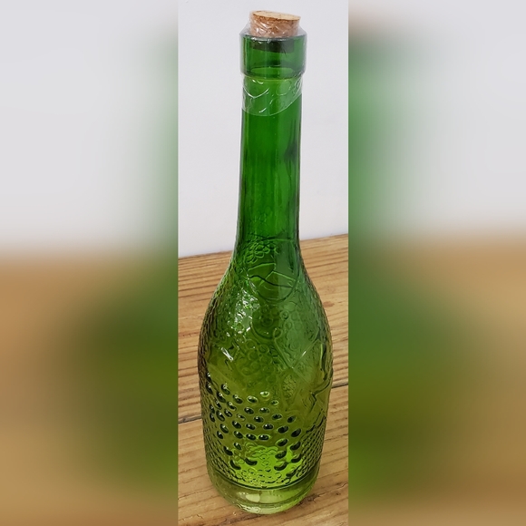 2 Decorative Glass Bottles Green Red Embossed Grapes and Leaves 12" X 3" - Picture 3 of 8